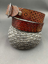 Stamped Leather Belt - Geometric Pattern Rust Red