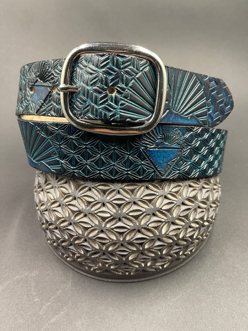 Stamped Leather Belt - Sphinx Geometry Blue 