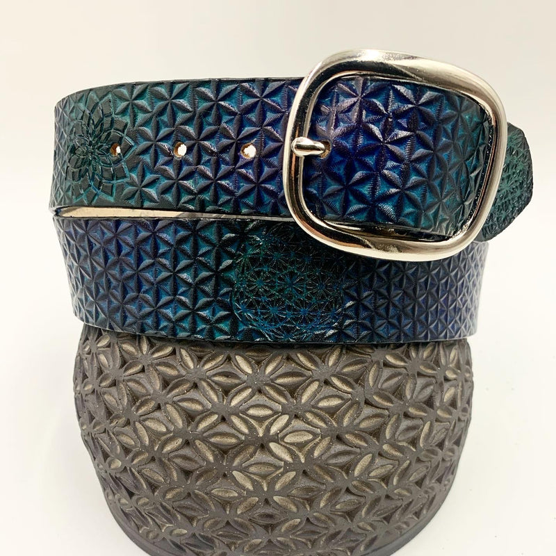 Stamped Leather Belt - Geometric Pattern Blue