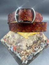 Small Stamped Leather Belt - Wigwag Red