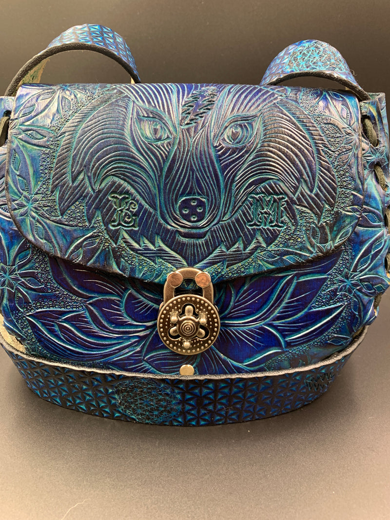 Medium Carved Leather Purse - Blue Lotus Wolf (front)