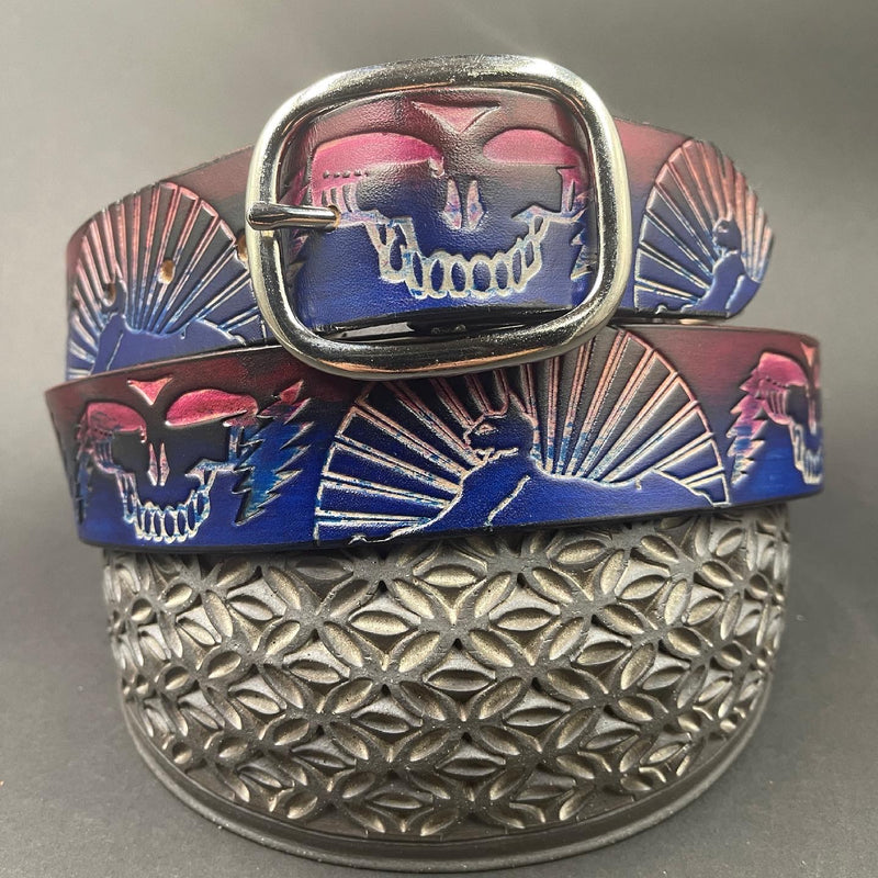 Stamped Leather Belt - Sphinx/Skull Pink/Blue