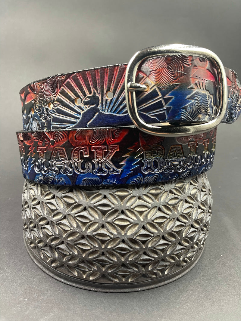 Stamped Leather Belt - Sphinx Red/Blue