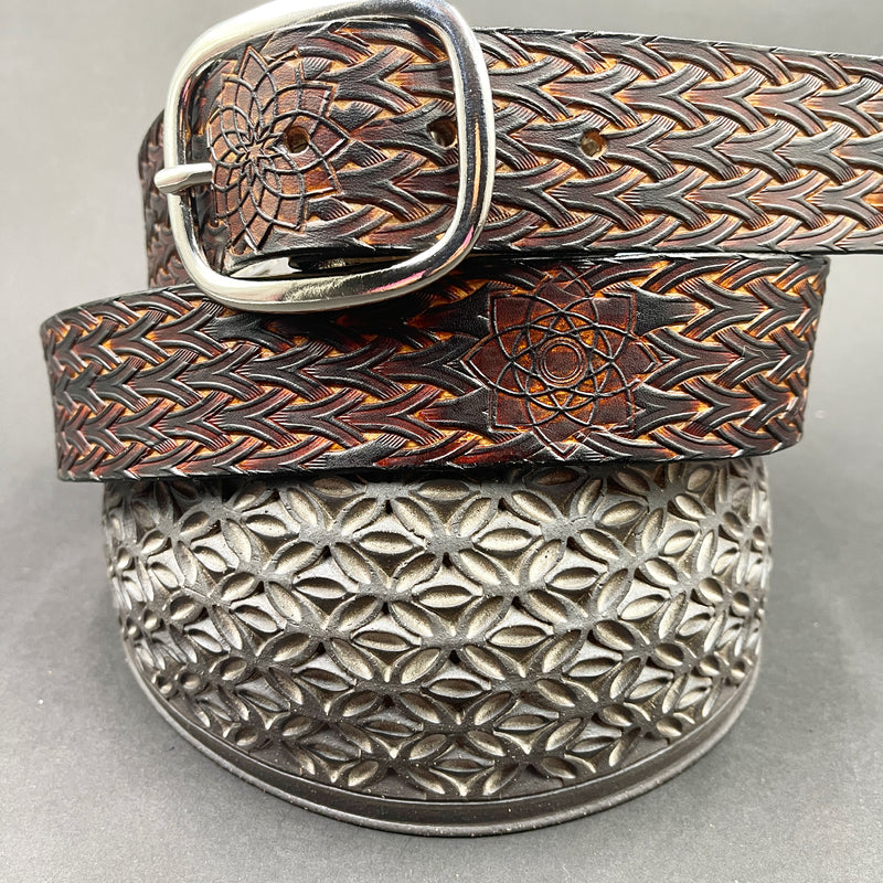 Stamped Leather Belt - Geometric Pattern Bronze Wave