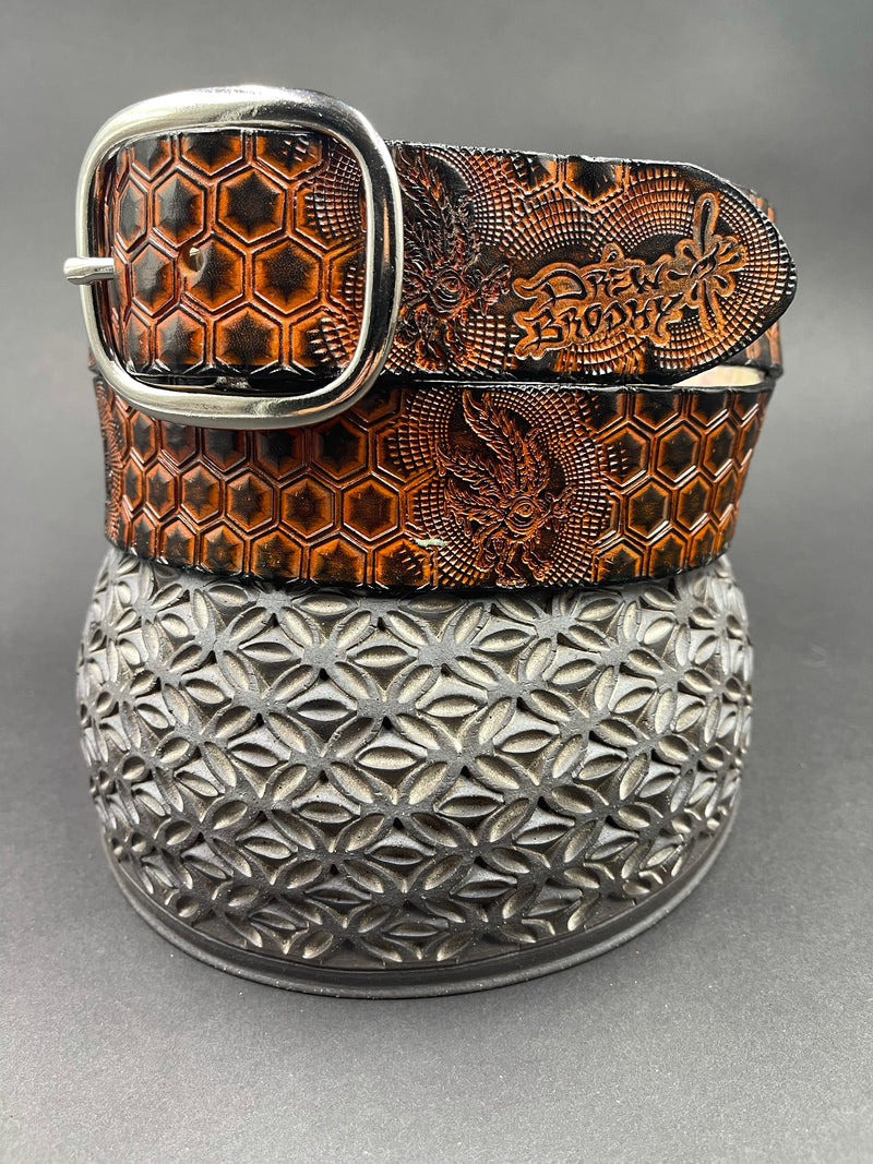 Stamped Leather Belt - Honeycomb Bronze