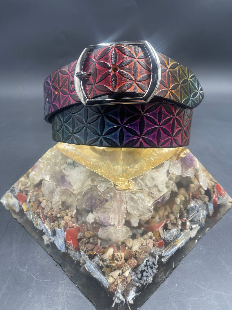 Large Stamped Leather Belt - Flower of Life Rainbow