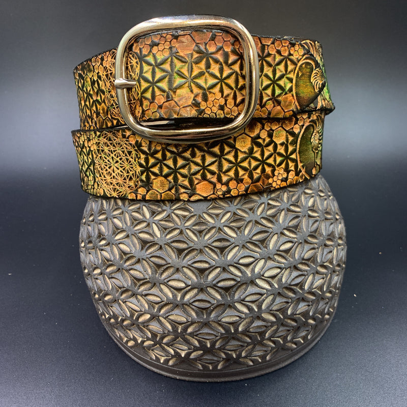 Stamped Leather Belt - Flower of Life Honeycomb