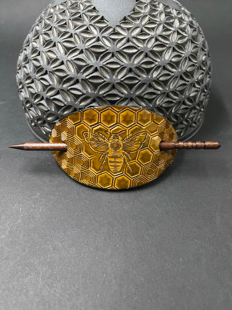 Stamped Leather Hair Barrette - Honey Bee