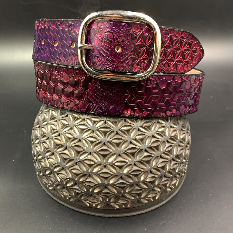 Stamped Leather Belt - Geometric Pattern Pink