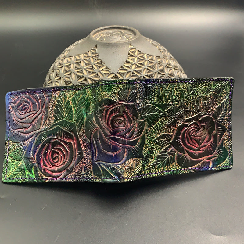 Carved Leather Bifold Wallet - Roses