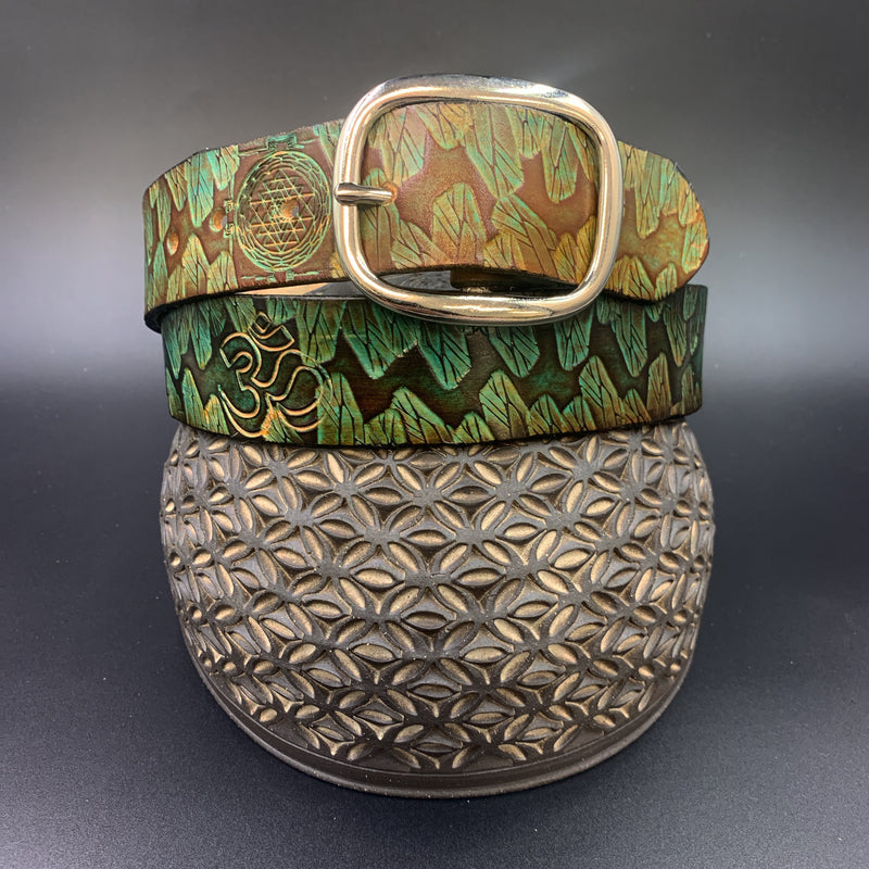 Stamped Leather Belt - Ohm/Crystals Copper Green