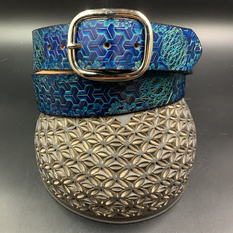 Stamped Leather Belt - Goyard Pattern Blue
