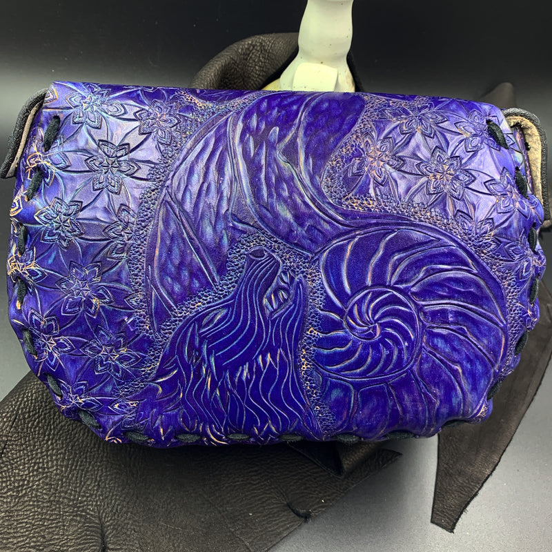 Medium Carved Leather Purse - Wolf Purple (Back)