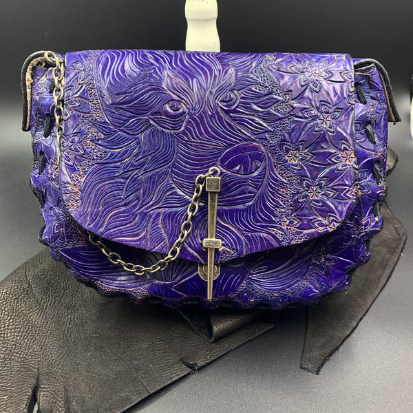 Medium Carved Leather Purse - Wolf Purple (Front)