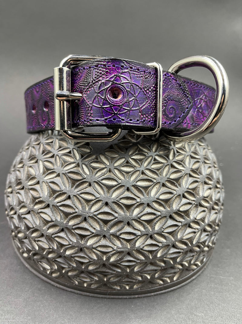 Tiny Stamped Leather Dog Collar - Sacred Geometry