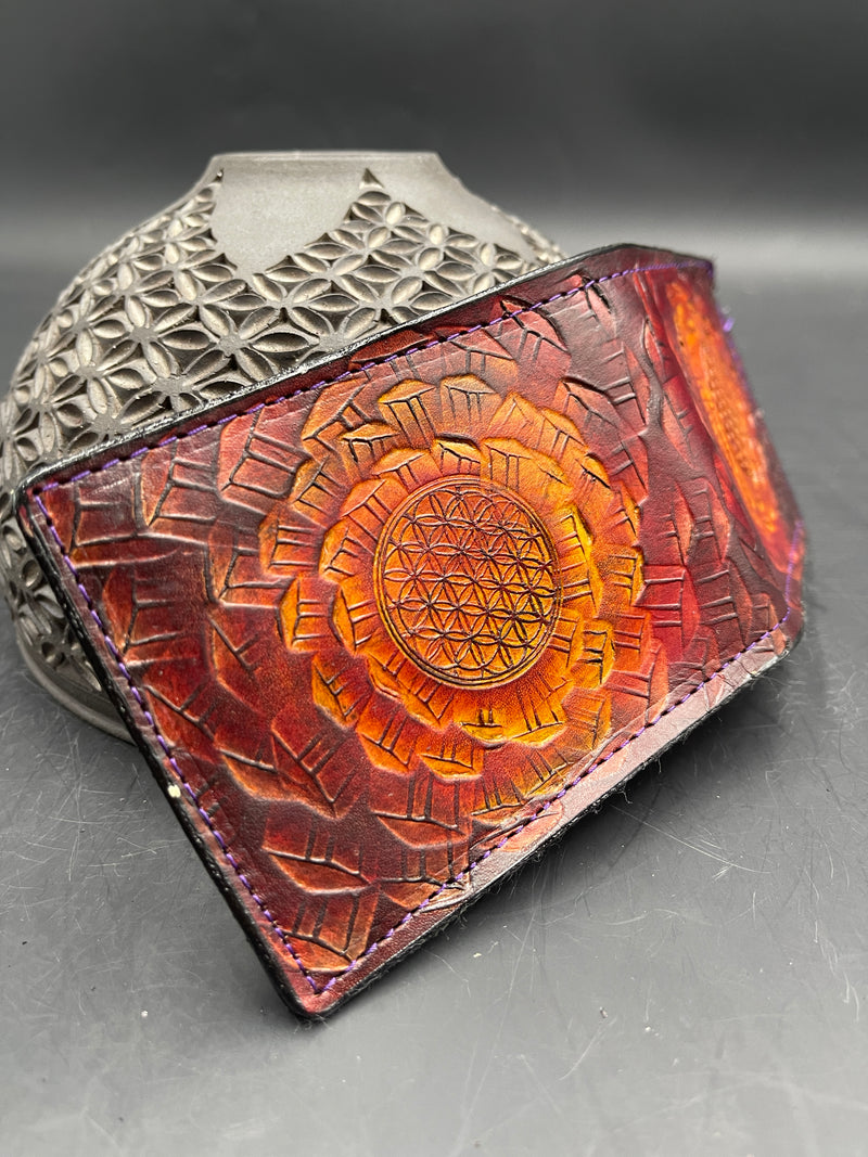 Stamped Leather Bifold Wallet - Flower of Life Crystals