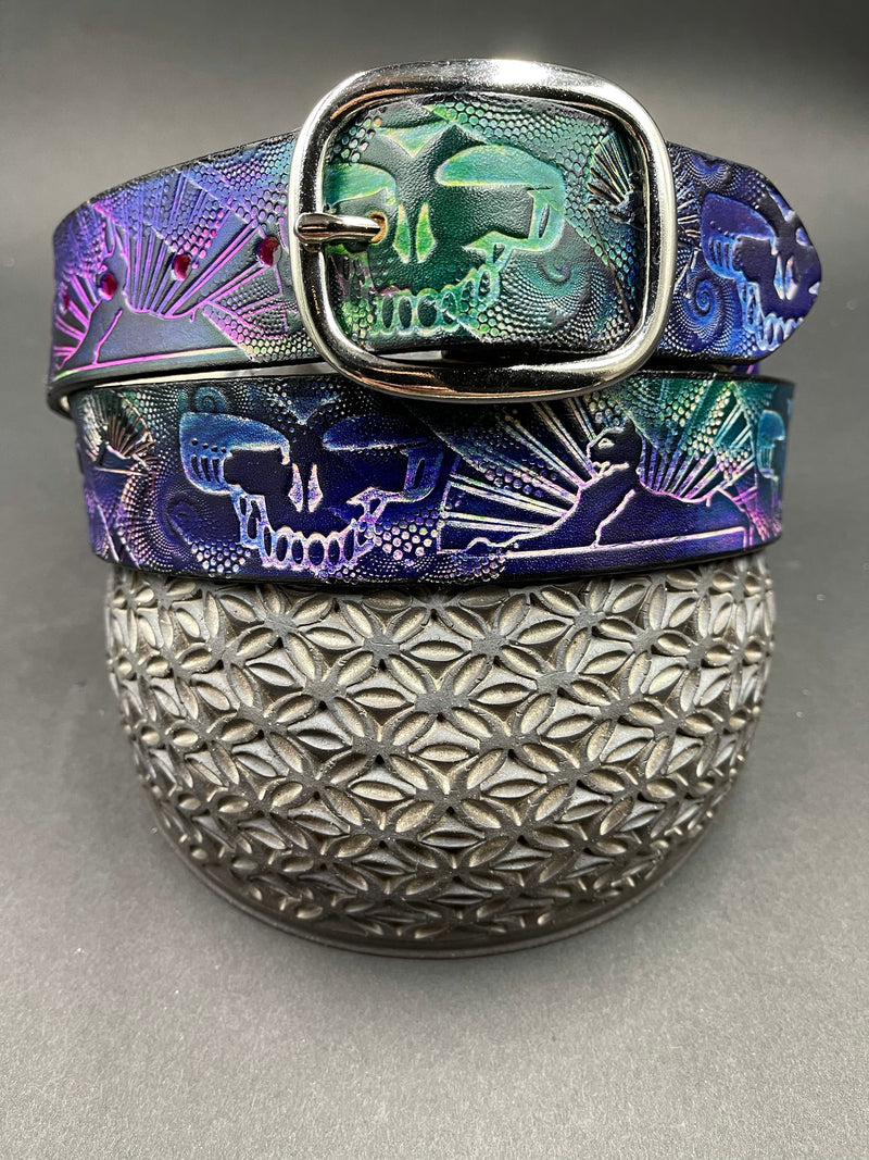 Stamped Leather Belt - Sphinx Skull Blue