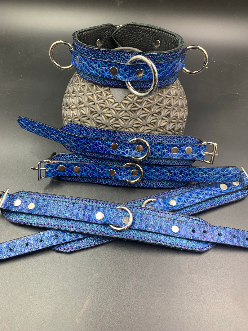 Stamped Leather Bondage Gear - Collar and 2 Cuff Sets