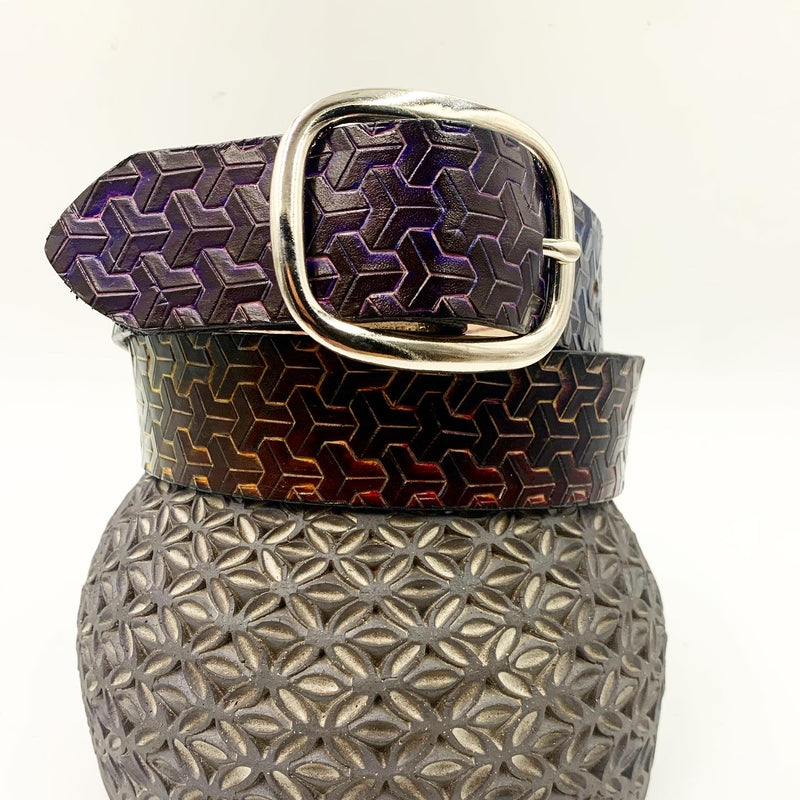 Stamped Leather Belt - Goyard Pattern Purple