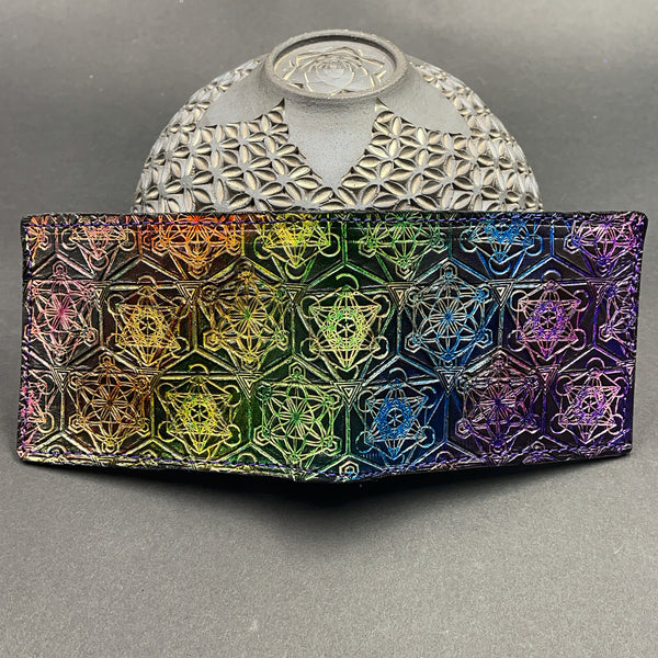 Stamped Leather Bifold Wallet - Metallic Rainbow Geometric Grid