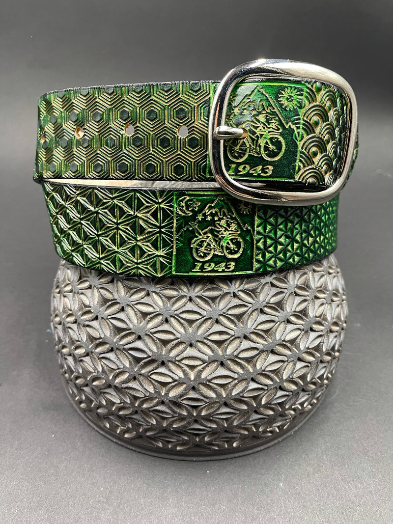 Stamped Leather Belt - Bicycle Day Green
