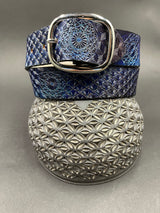 Stamped Leather Belt - Geometric Pattern Blue