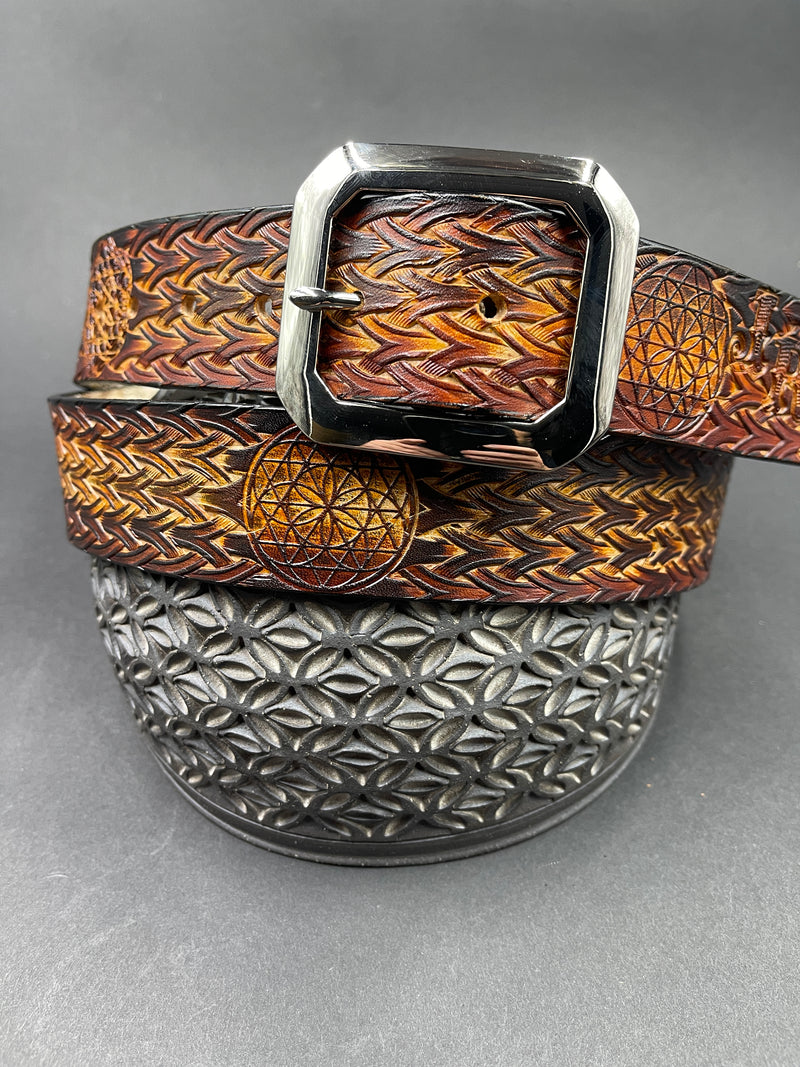 Stamped Leather Belt - Weave Pattern Sunburst