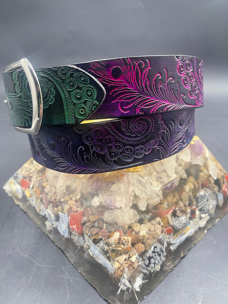 Stamped Leather Belt - Peacock Feathers