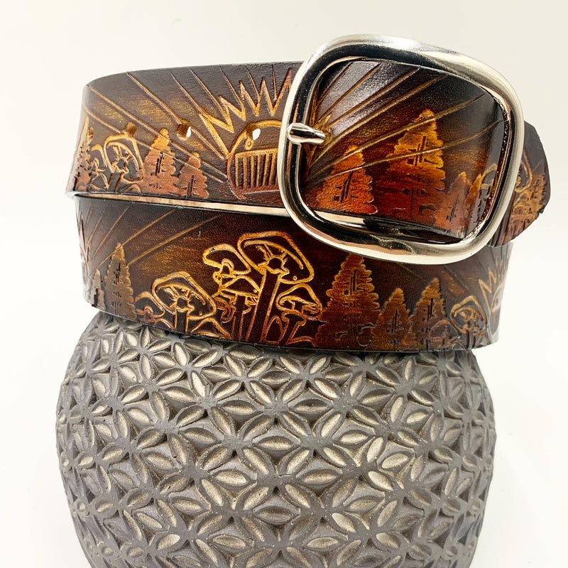 Stamped Leather Belt - Boognish Trees/Mushrooms
