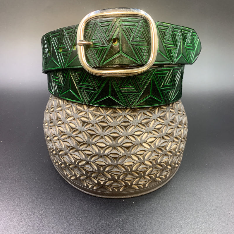 Stamped Leather Belt - Triangles Green 