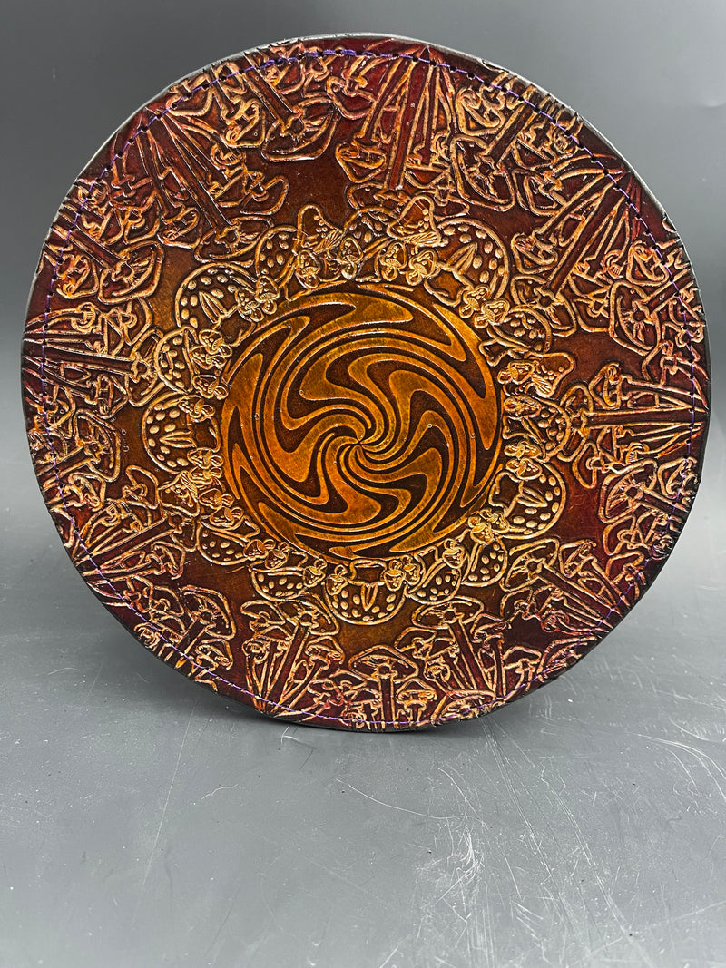8 Inch Stamped Leather Coaster - Swirl Mushrooms