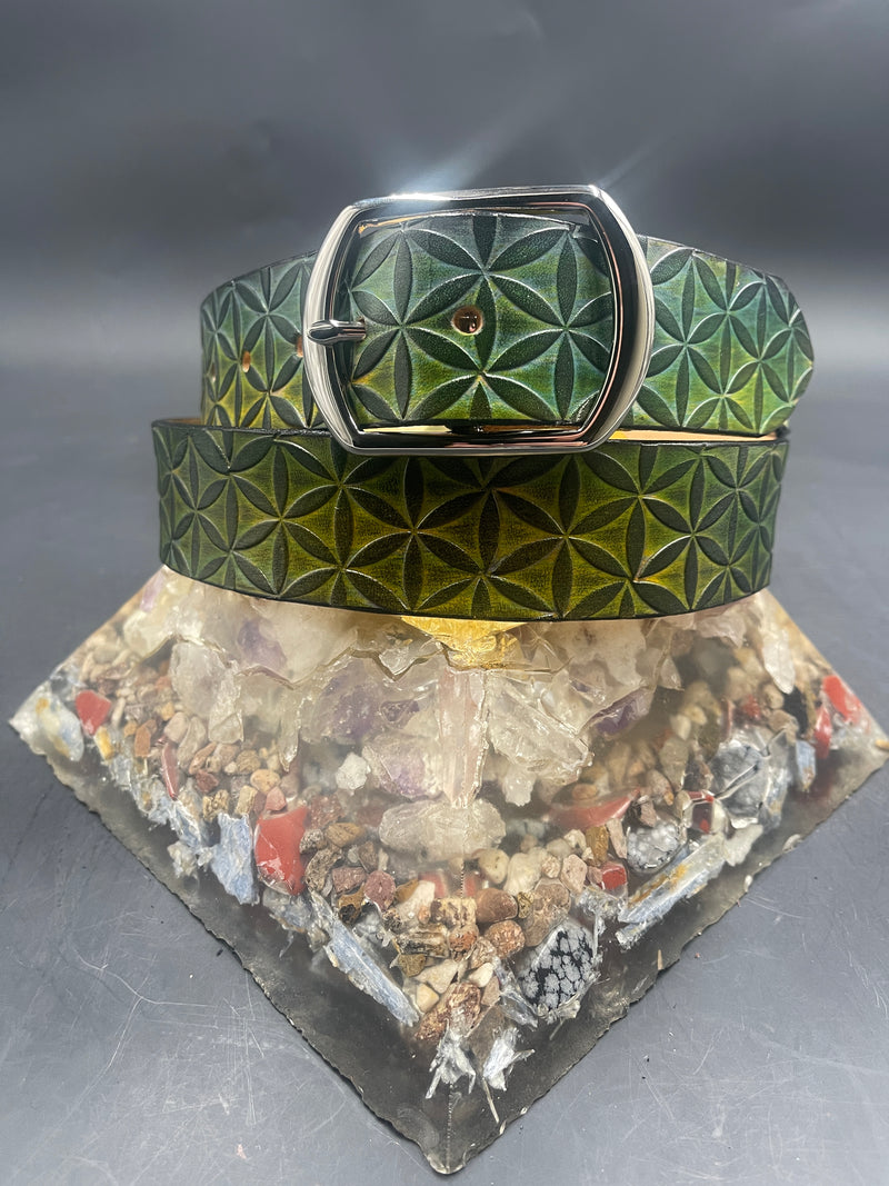 Large Stamped Leather Belt - Flower of Life Green
