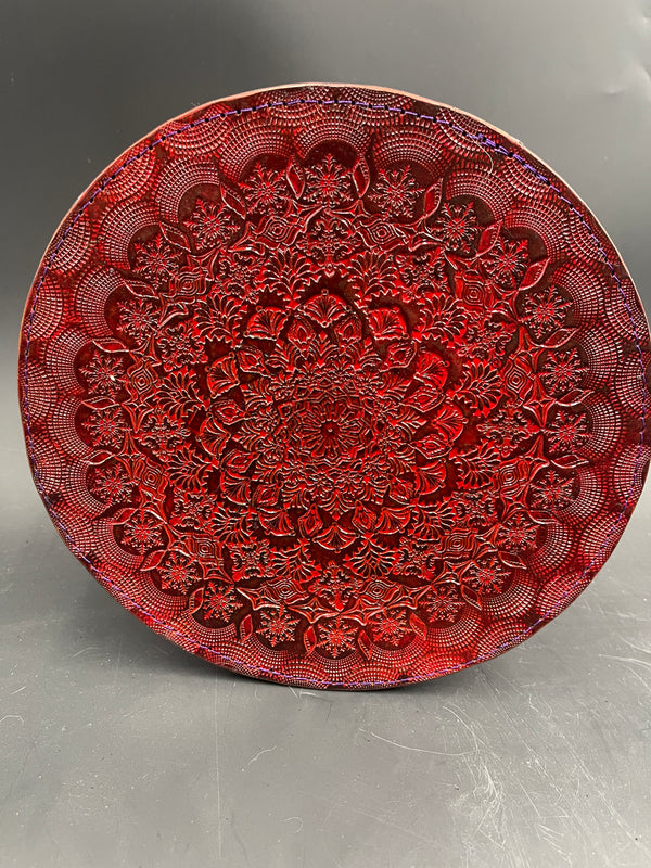 8 Inch Stamped Leather Coaster - Geometry Red
