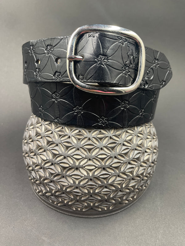 Large Stamped Leather Belt - Flower of Life Charcoal