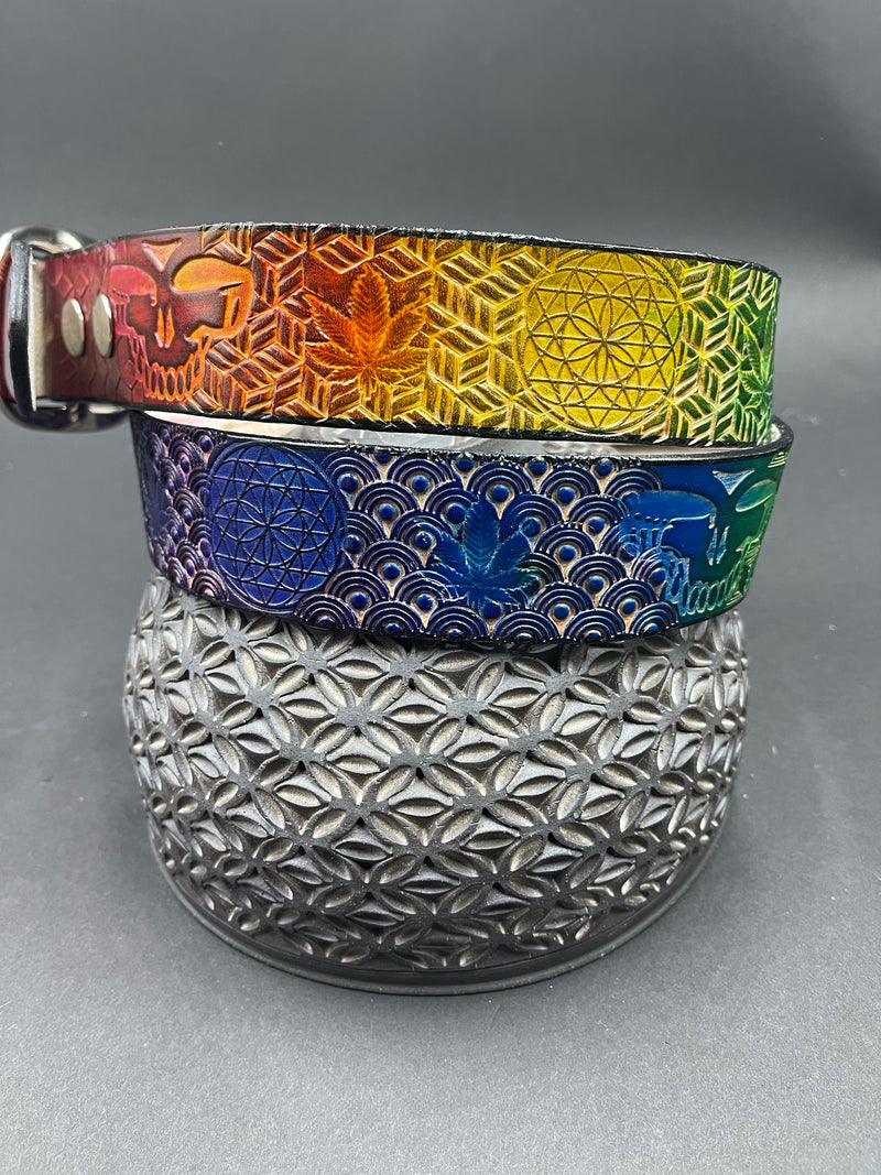 Stamped Leather Belt - Geometric Patterns Rainbow