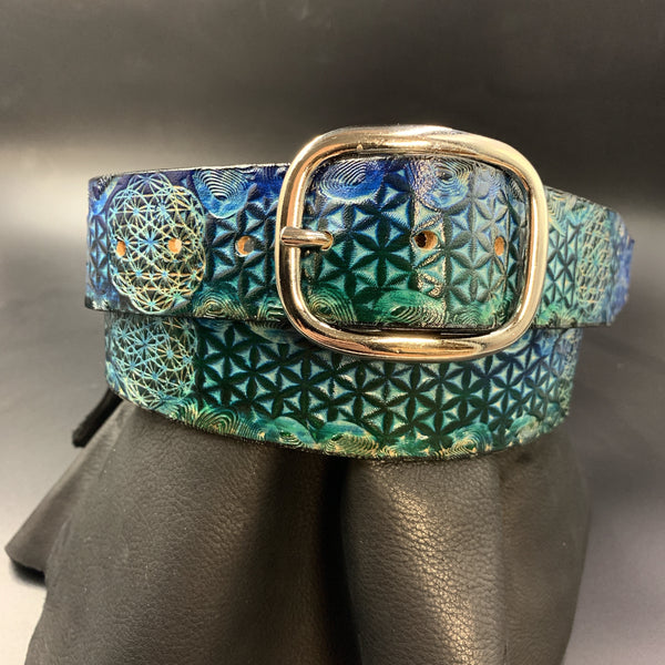 Stamped Leather Belt - Flower of Life Blue Green