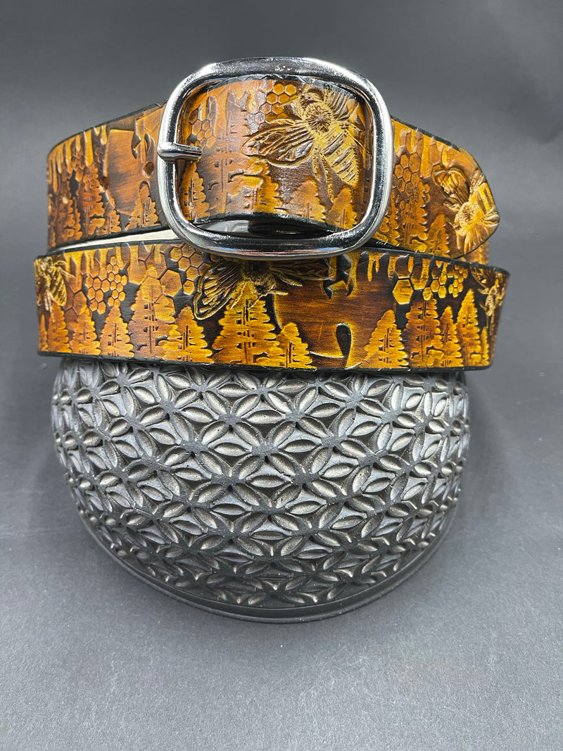 Stamped Leather Belt - Trees