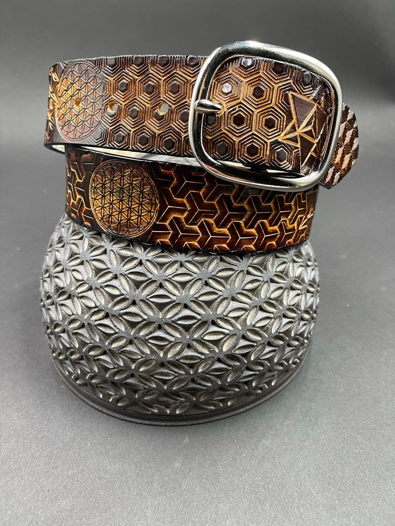 Stamped Leather Belt - Goyard Bronze