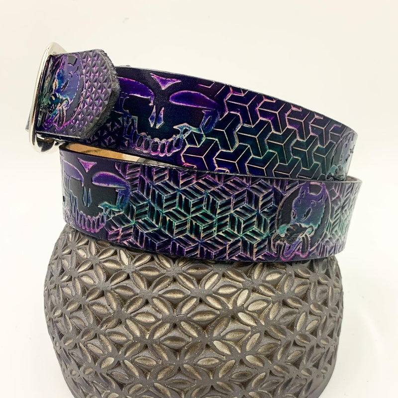 Stamped Leather Belt - Geometric Pattern Purple Skull