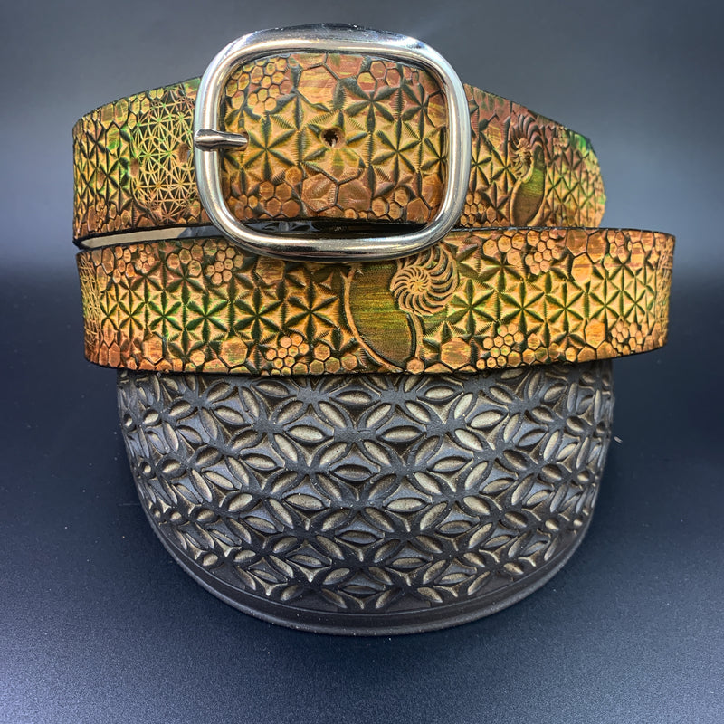 Stamped Leather Belt - Flower of Life Honeycomb Ammonite 
