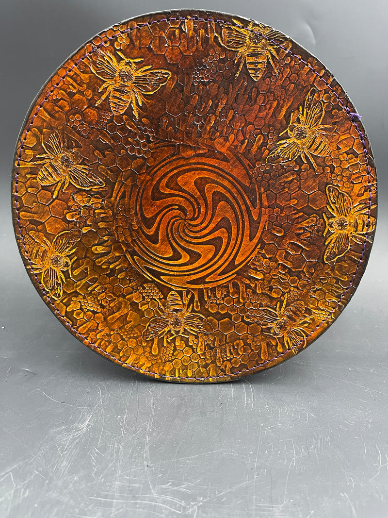 8 Inch Stamped Leather Coaster - Swirl Bees