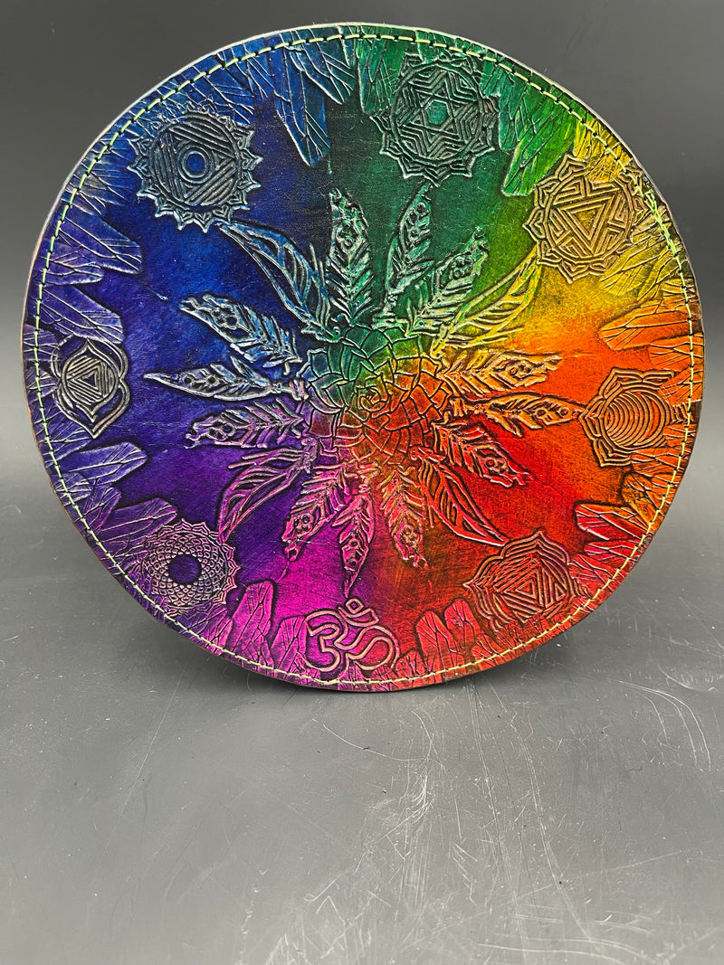 8 Inch Stamped Leather Coaster - Rainbow Chakras