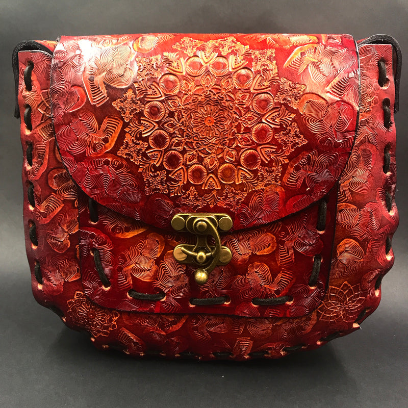 Large Round Stamped Leather Purse - Red Mandala