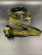 Stamped Leather Bondage Gear - Collar, Short Lined Leash, Cuff Set