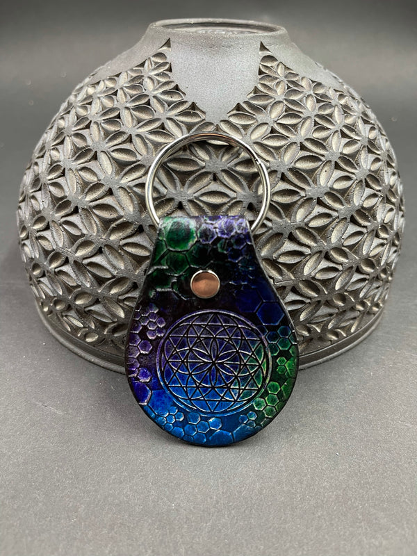 Stamped Leather Keychain - Flower of Life Mandala