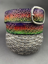 Stamped Leather Belt - Geometric Pattern Flower of Life Rainbow